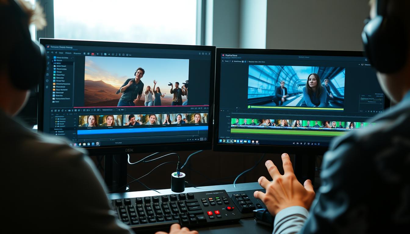 Stanowisko do postprodukcji filmu promocyjnego z monitorem wyświetlającym timeline projektu